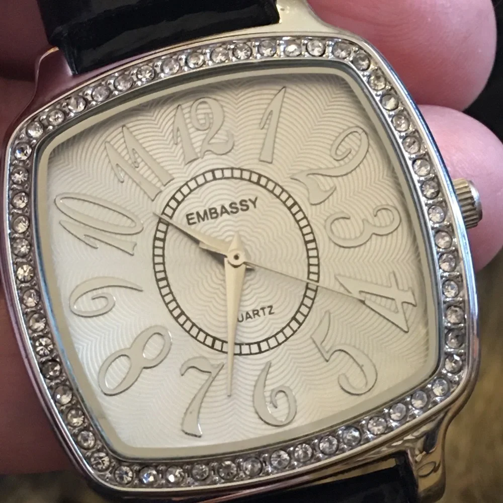 Ladies Embassy black leather rhinestone watch